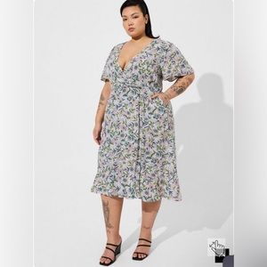 Torrid: Floral Midi Swiss Dot Flutter Sleeve Wrap Dress